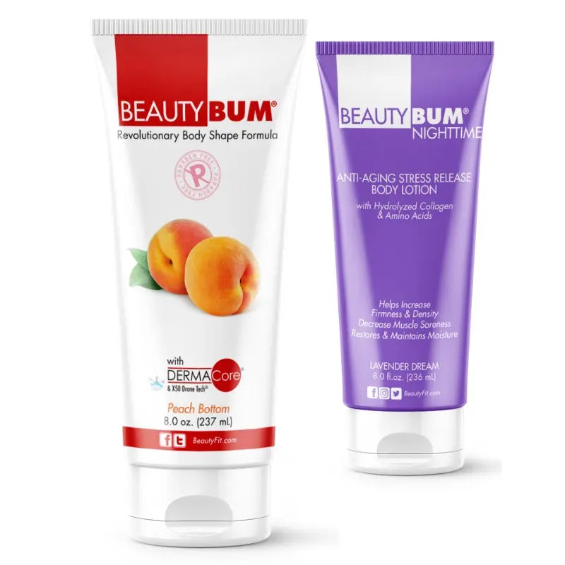 x2 Tubes BeautyBum Anti-Cellulite & Anti-Aging Lotions Day & Night Peach Bottom Scent 237ml &  Lavender Dream Scent 236ml BeautyFit Australia 