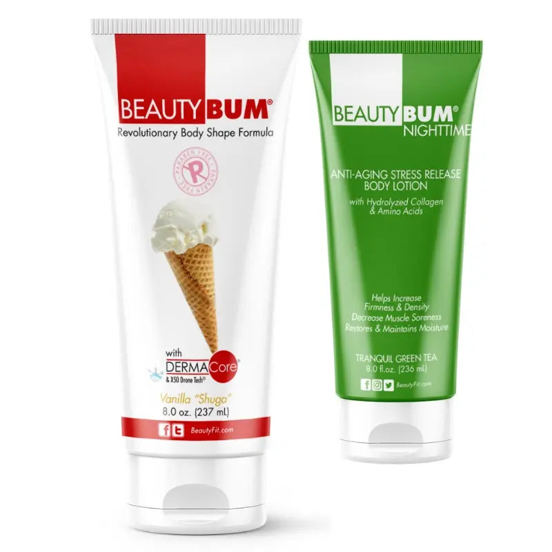 x2 Tubes BeautyBum Anti-Cellulite & Anti-Aging Lotions Day & Night Vanilla Shuga Scent 237ml &  Tranquil Green Tea Scent 236ml BeautyFit Australia 