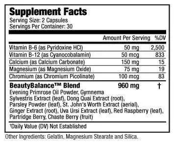 Supplement Facts of Beauty-Balance® Helps Reduce PMS Symptoms supports Hormonal Balance & Weight Loss for woman