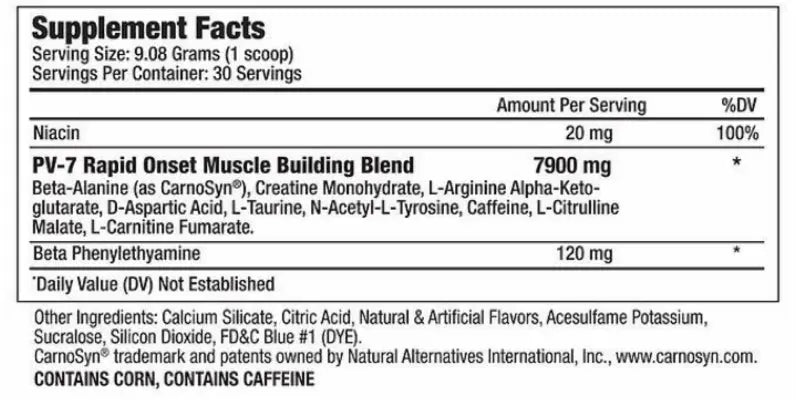 Supplement Facts for PV-7 Onset Pre-Workout for women's man's | Beautyfit Australia