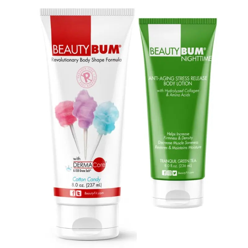 x2 Tubes BeautyBum Anti-Cellulite & Anti-Aging Lotions Day & Night Cotton Candy Scent 237ml &  Tranquil Green Tea Scent 236ml BeautyFit Australia 