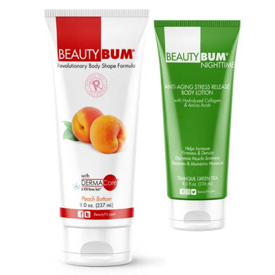 x2 Tubes BeautyBum Anti-Cellulite & Anti-Aging Lotions Day & Night Peach Bottom Scent 237ml &  Tranquil Green Tea Scent 236ml BeautyFit Australia 