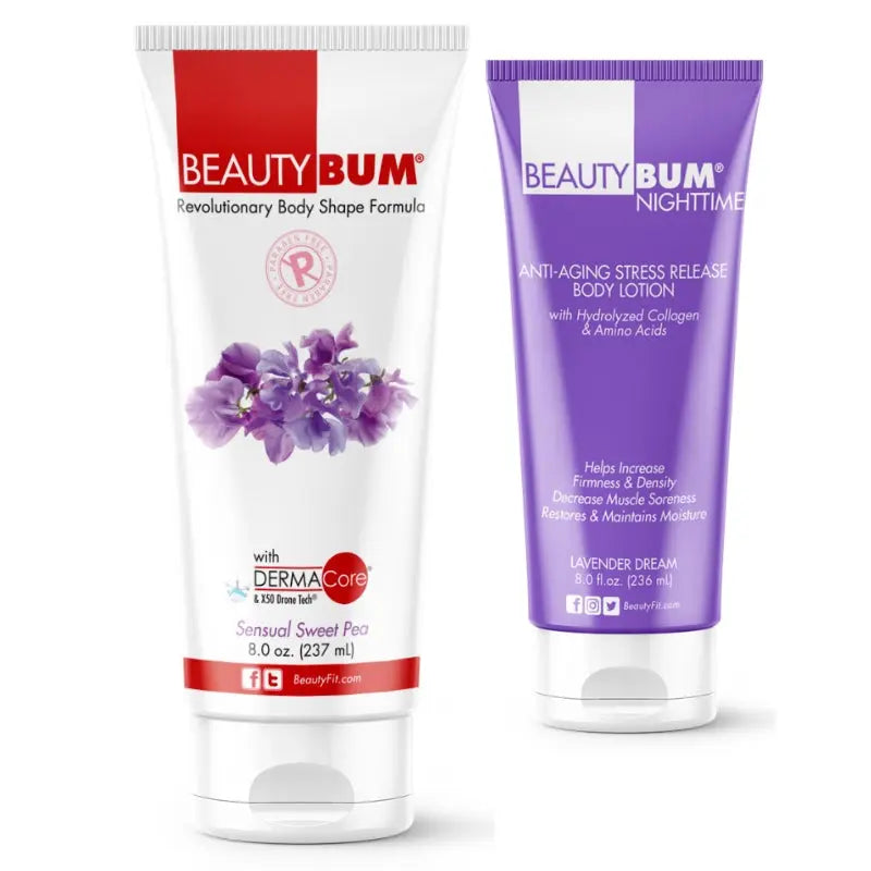 x2 Tubes BeautyBum Anti-Cellulite & Anti-Aging Lotions Day & Night Sensual Sweet Pea Scent 237ml &  Lavender Dream Scent 236ml BeautyFit Australia 