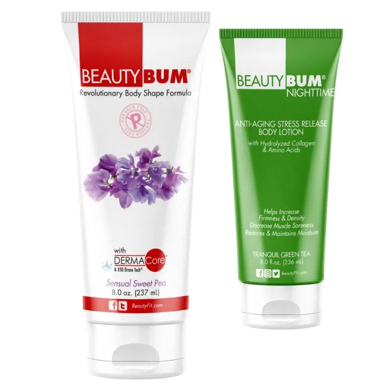 x2 Tubes BeautyBum Anti-Cellulite & Anti-Aging Lotions Day & Night Sensual Sweet Pea Scent 237ml & Tranquil Green Tea Scent 236ml BeautyFit Australia 