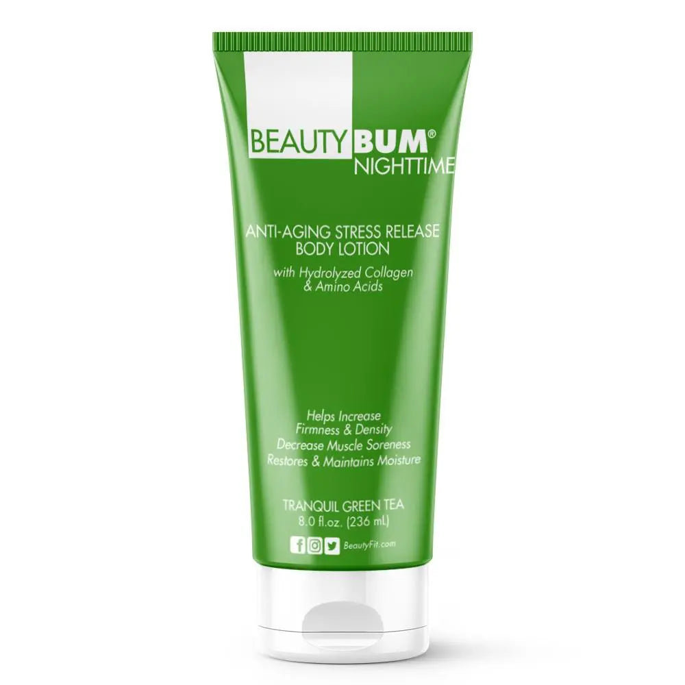 Tube of Beauty-Bum® Nighttime Anti-Aging Stress Release Body Lotion improves the softness and feel of the skin (236ml) Tranquil Green Tea 