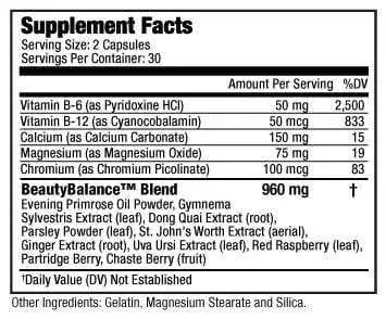 Supplement Facts of Beauty-Balance® Helps Reduce PMS Symptoms supports Hormonal Balance & Weight Loss for woman