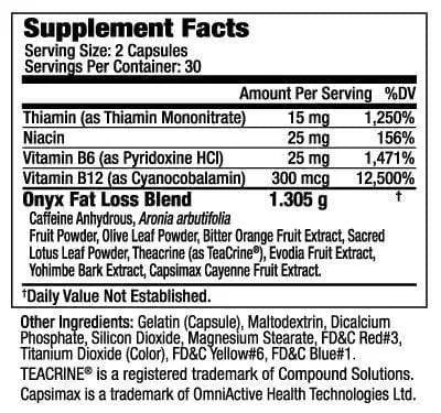 Supplement Facts of ONYX® Rapid fat burner for women 60caps