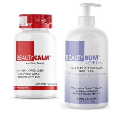 Bottle of Beauty-Calm® Tube of Beauty-Bum® Nighttime Lavender Pump for women Anti Stress Formula