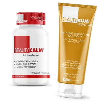 Bottle of Beauty-Calm® Tube of Beauty-Bum® Nighttime vanilla Shuga for women Anti Stress Formula
